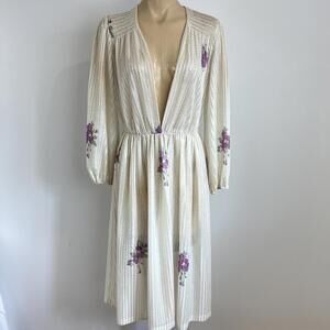 Vintage Mr. Edward S / M Cream Cottagecore Midi Dress Plunge V Neck Pleated Purp